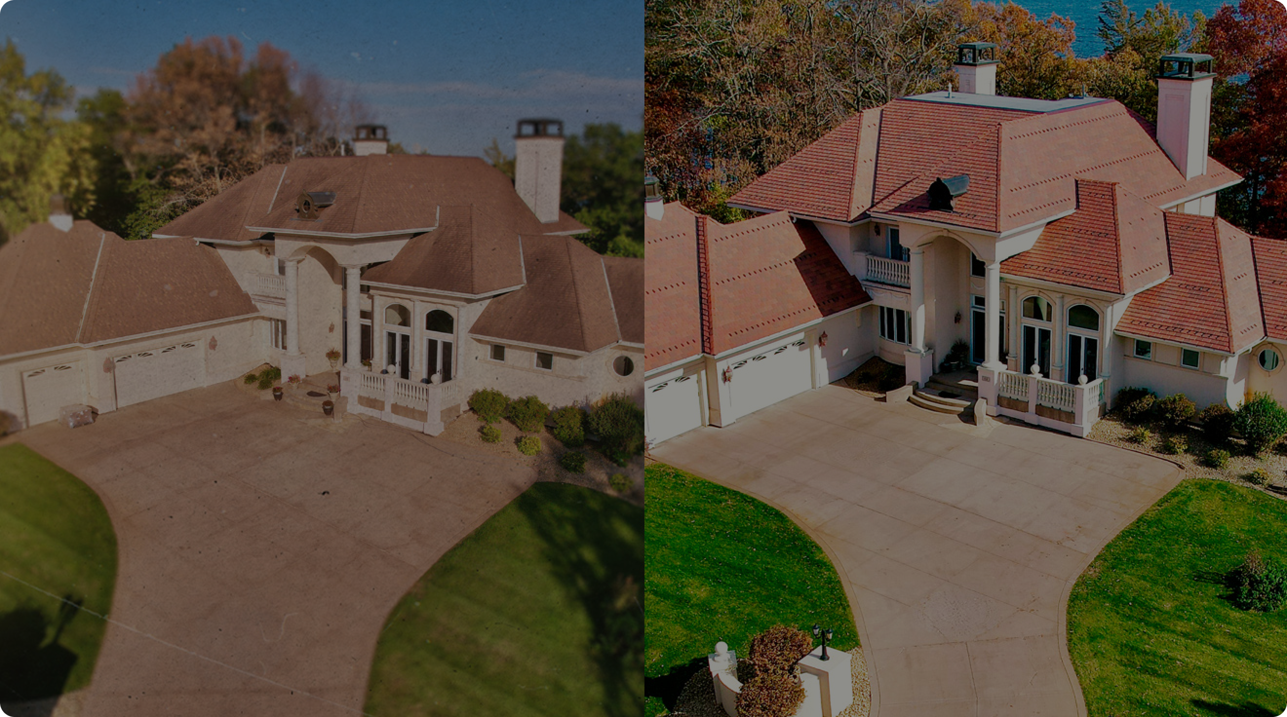 a before and after picture of a St. Paul estate home roofed with Davinci red synthetic slate