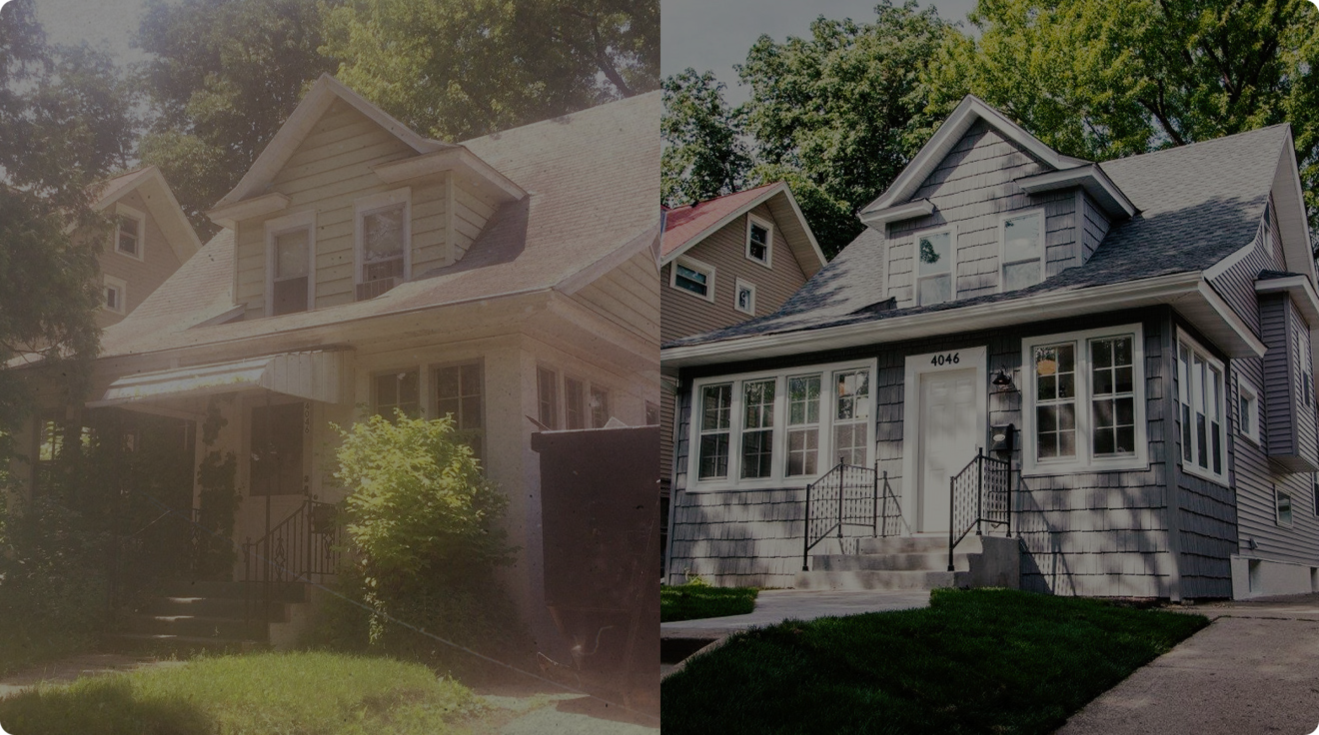 a before and after picture of a fully remodeled Minneapolis home